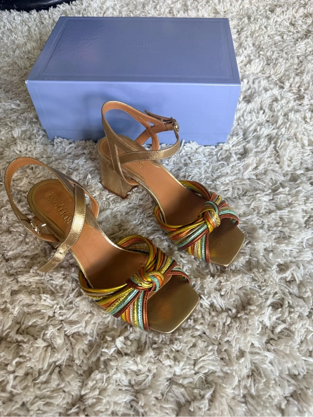Sézane Metallic Gold Multi-Color Strappy Knot Block Heel Sandals